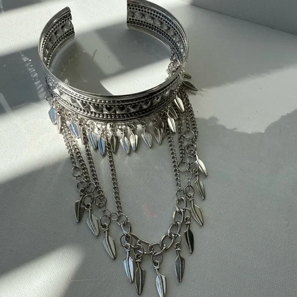 Bohemian Silver Leaf Tassel Chain Arm Cuff Bracelet ✨ - Picture 7 of 7